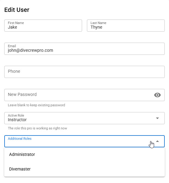 Edit User dialog with Active Role set to Instructor and the Additional Roles list offering Administrator and Divemaster