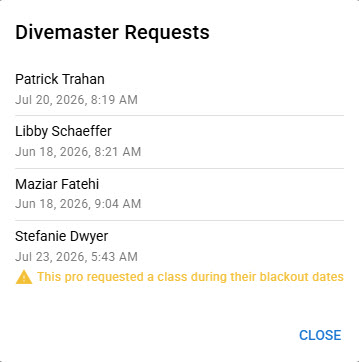 Divemaster requests dialog highlighting a pro who requested a class during blackout dates