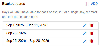 Blackout dates settings showing single-day and multi-day unavailable ranges