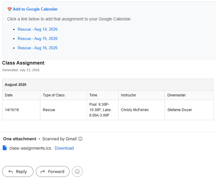Assignment email with calendar links and class details