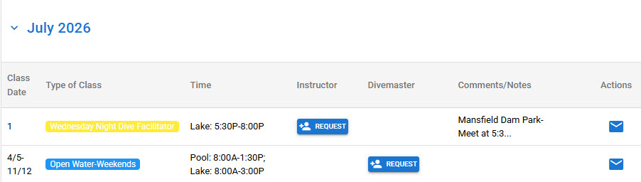 Instructor view showing eligible classes with a request button