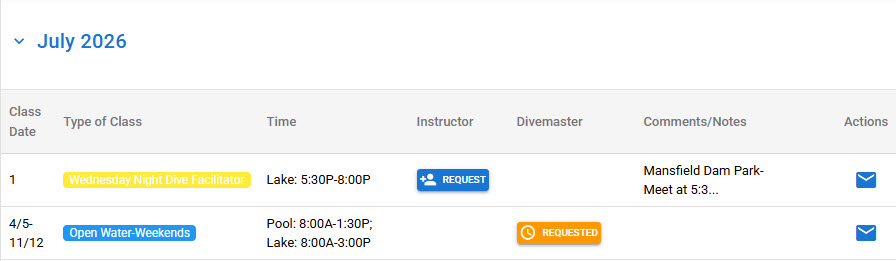 Class marked as requested after an instructor submits a request