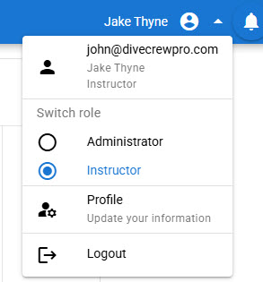 Profile menu with a Switch role list showing Administrator and Instructor